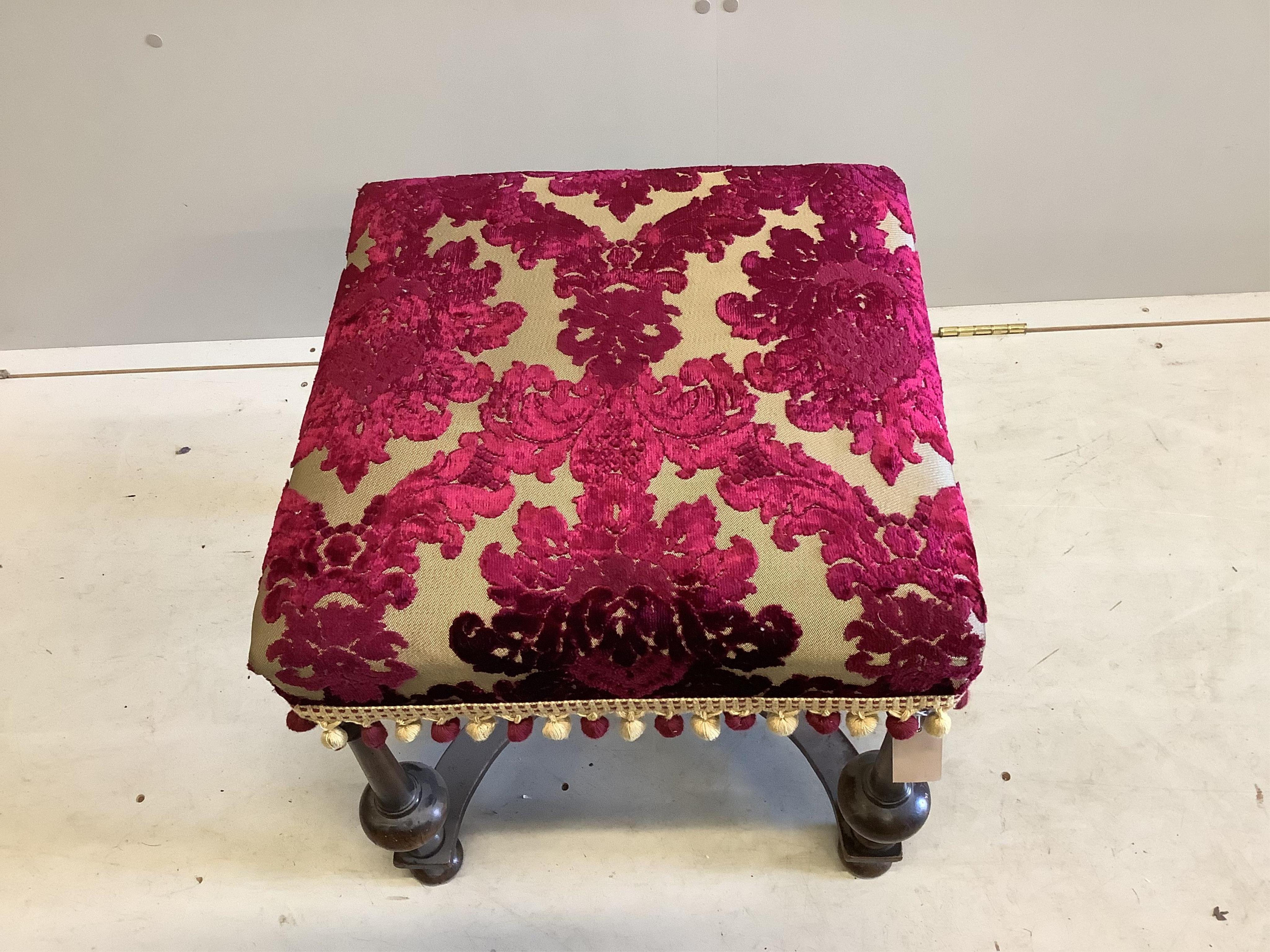 An 18th century style walnut dressing stool, width 48cm, height 48cm. Condition - fair